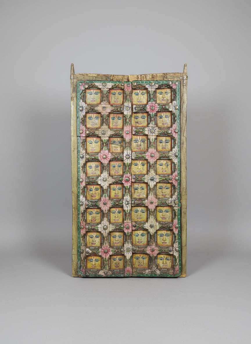 Early 1900s Antique Rajasthani Windows With Folk Art Paintings of Faces