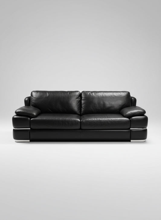 1980s Postmodern Black Leather and Chrome Sofa