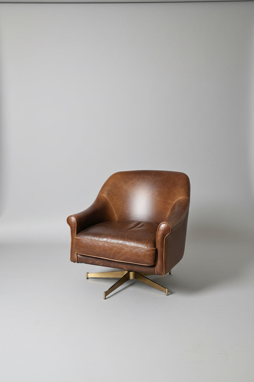Pair of Revelation Modern Chocolate Brown Vintage Style Leather Ellington Swivel Chairs