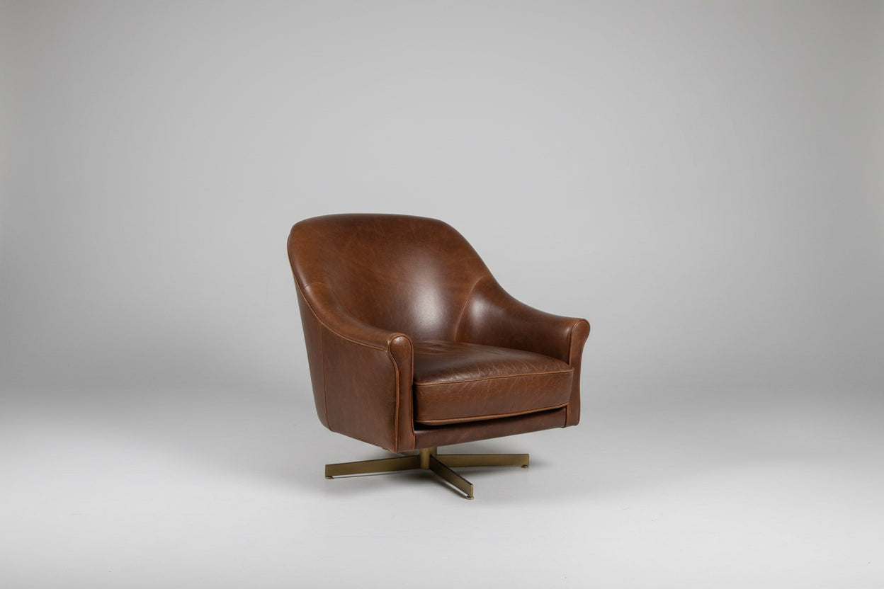 Pair of Revelation Modern Chocolate Brown Vintage Style Leather Ellington Swivel Chairs