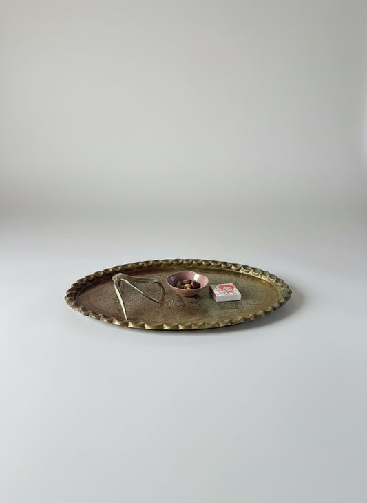 XL Solid Brass Tray with Scallop Edge and Etchings