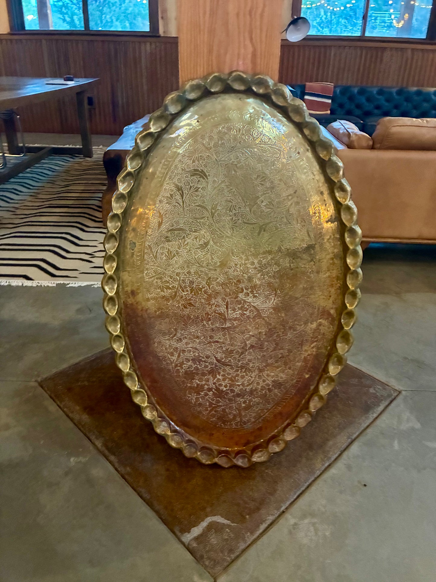 XL Solid Brass Tray with Scallop Edge and Etchings